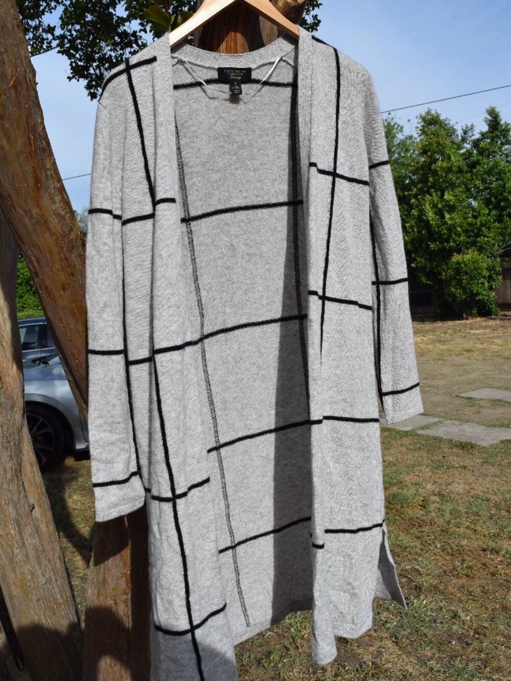 Charter Club 100% Cashmere Grid Open Front Duster Cardigan Size Small Gray Black